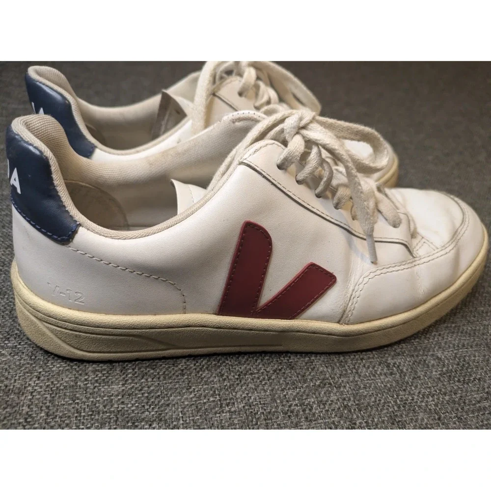 VEJA V-12 Leather Shoes White / Red Marsala Nautico Men's Size 8.5 Sneakers